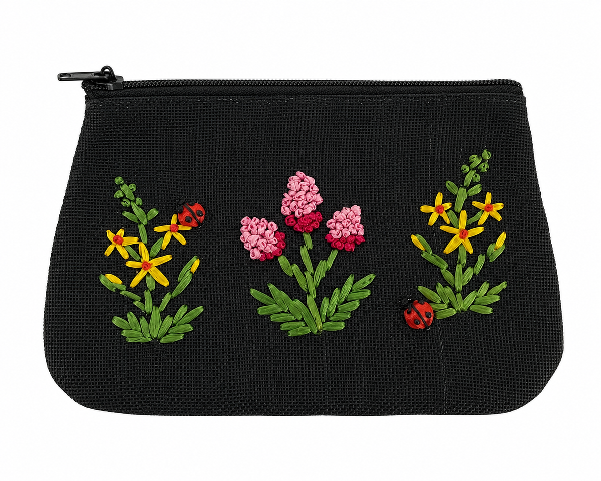 Rage &amp; Couture Artisan Hand-Embroidered Floral Ladybug Pouch Clutch