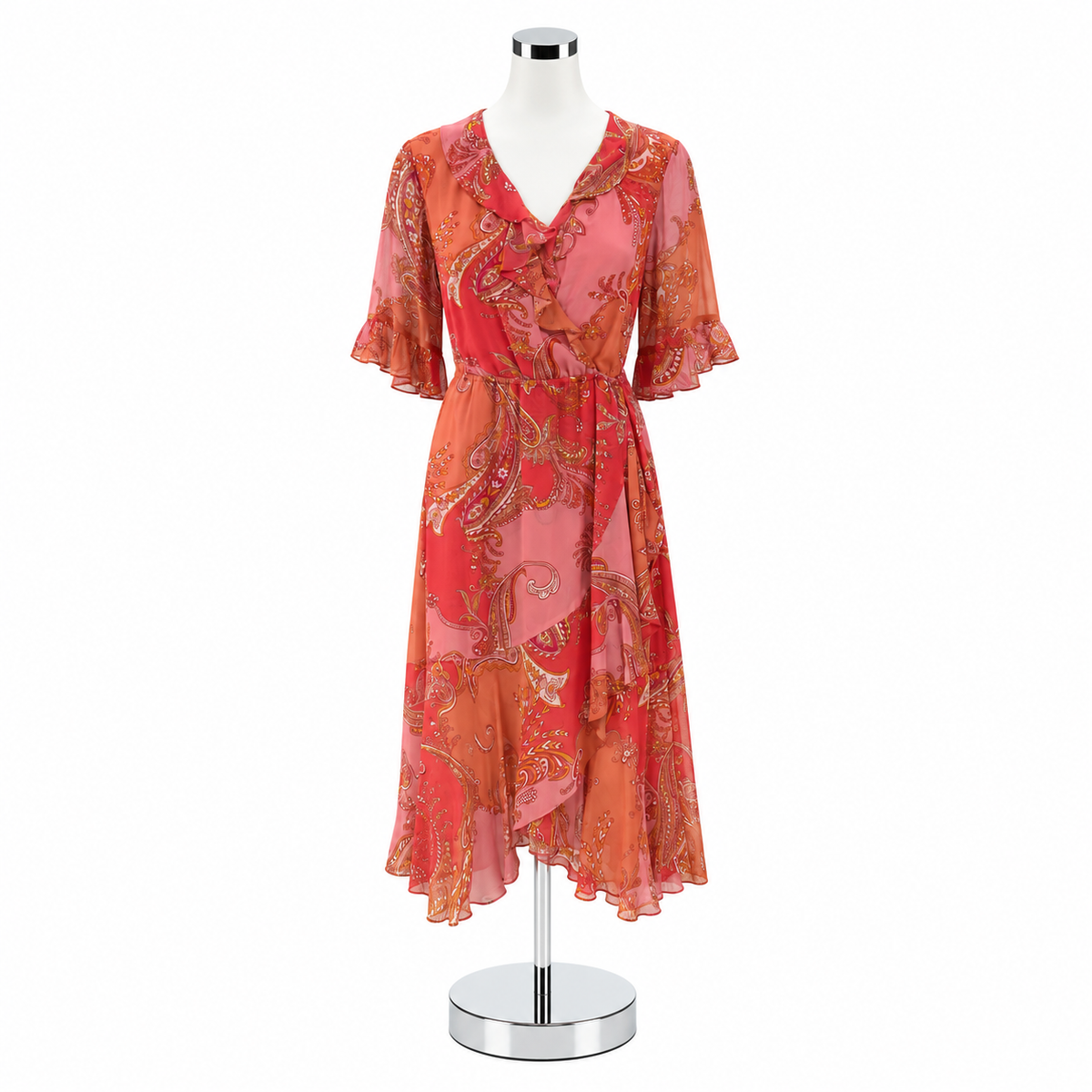 Hale Bob Adina Coral Paisley Ruffle Faux Wrap Midi Dress | Size Large - ONLINE ONLY