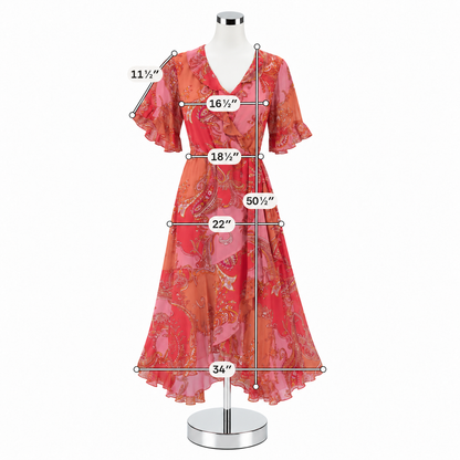 Hale Bob Adina Coral Paisley Ruffle Faux Wrap Midi Dress | Size Large - ONLINE ONLY