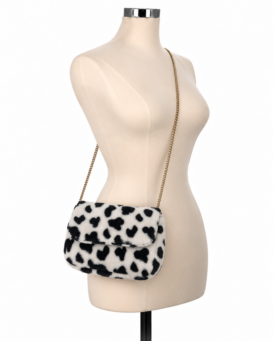 Faux Fur Heart Spot Crossbody Bag | White &amp;amp; Black Statement Purse