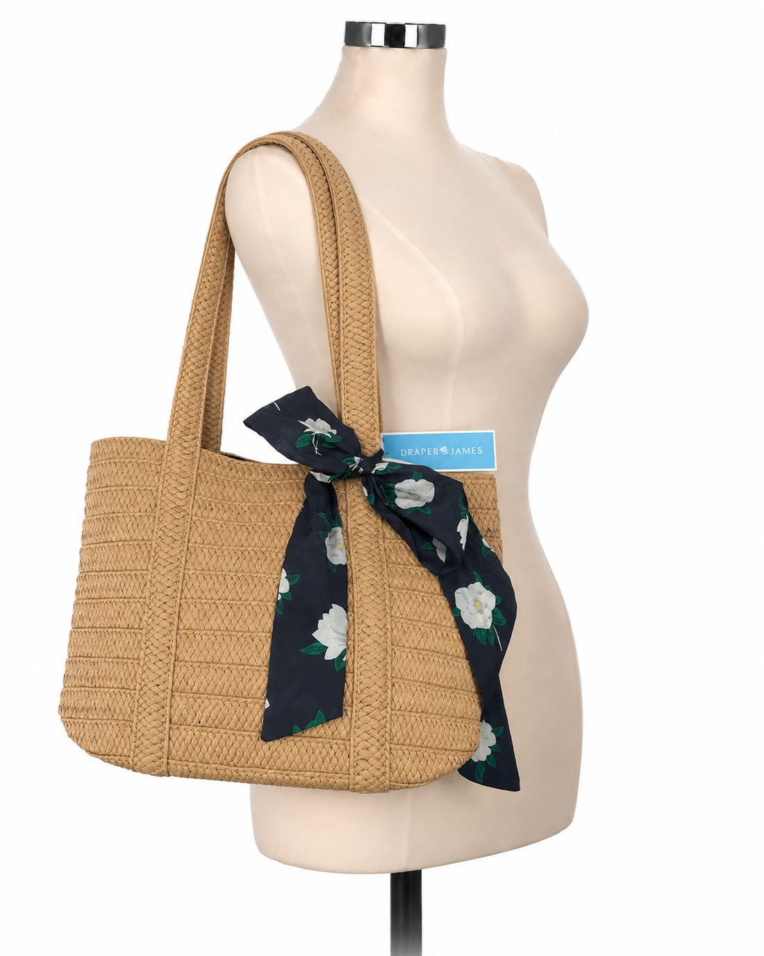Draper James Woven Straw Tote Bag with Magnolia Scarf - Tan &amp; Navy