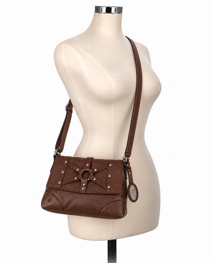 Born Sarala Studded Woven Leather Crossbody Bag Cognac Brown