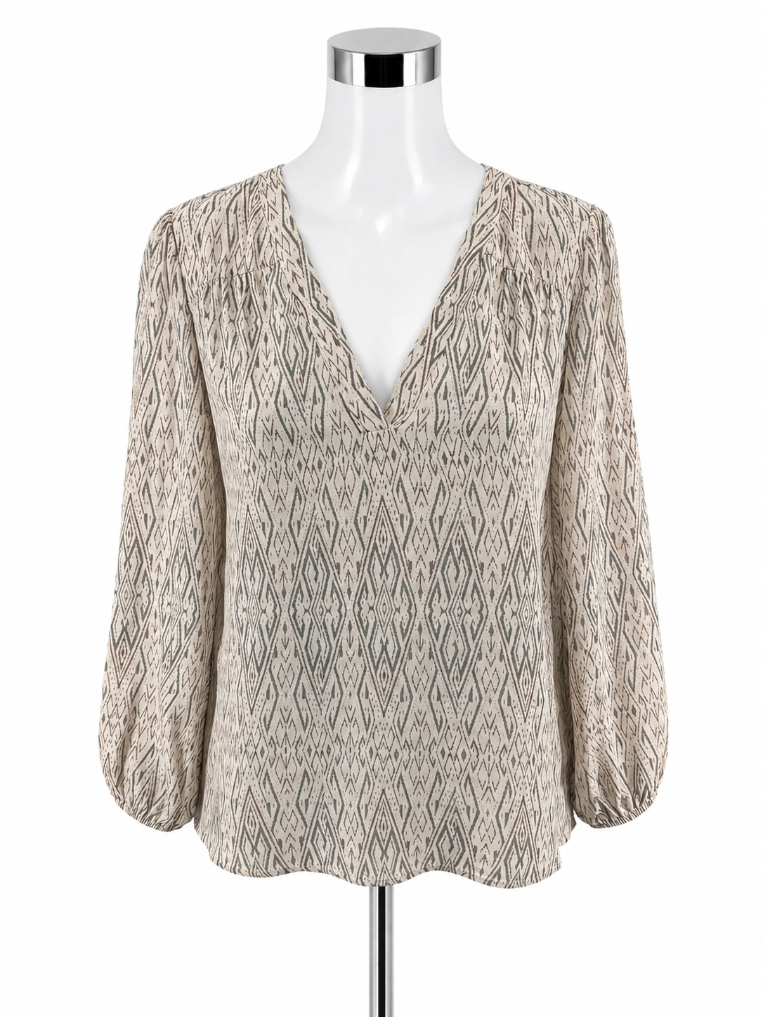 Joie Marru Ikat Diamond Print Silk Blouse Tan Green V-Neck Top Size Small- ONLINE ONLY