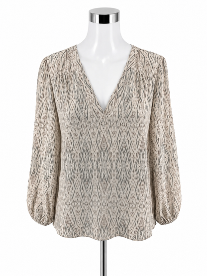 Joie Marru Ikat Diamond Print Silk Blouse Tan Green V-Neck Top Size Small- ONLINE ONLY