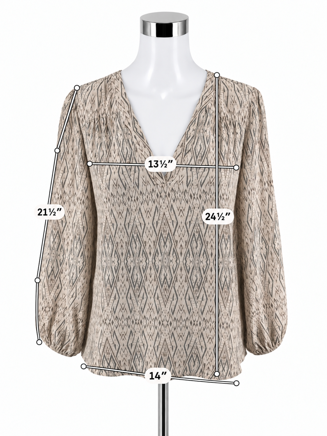 Joie Marru Ikat Diamond Print Silk Blouse Tan Green V-Neck Top Size Small- ONLINE ONLY