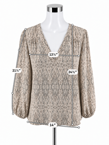 Joie Marru Ikat Diamond Print Silk Blouse Tan Green V-Neck Top Size Small- ONLINE ONLY