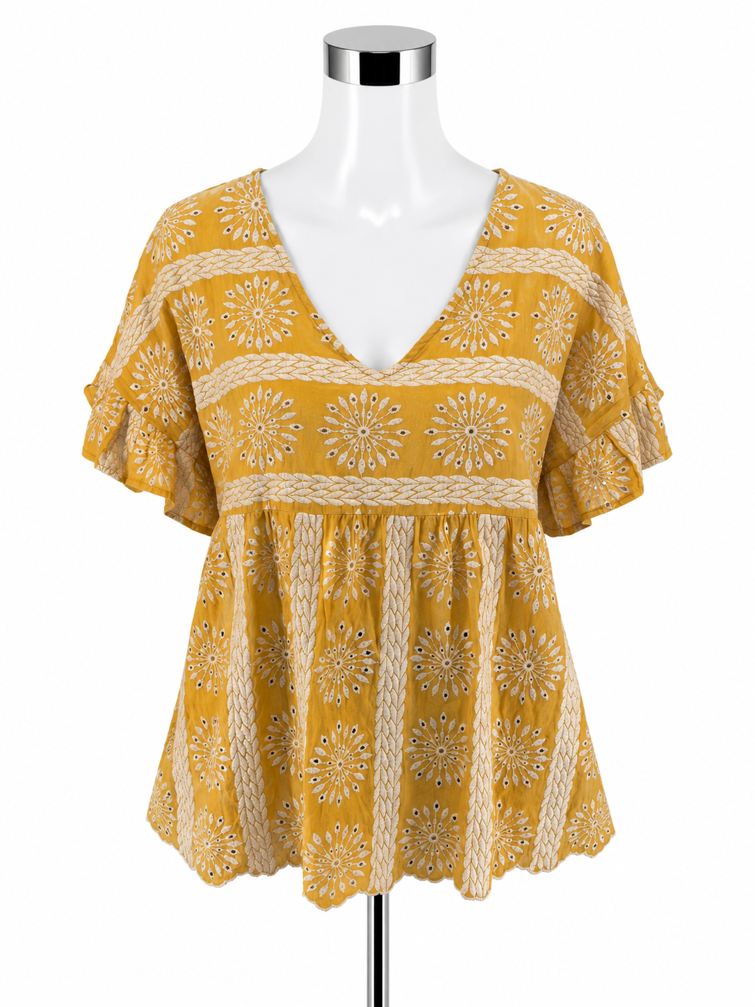 Entro Mustard Yellow Boho Eyelet Embroidered Flutter Sleeve Top Size Large - ONLINE ONLY