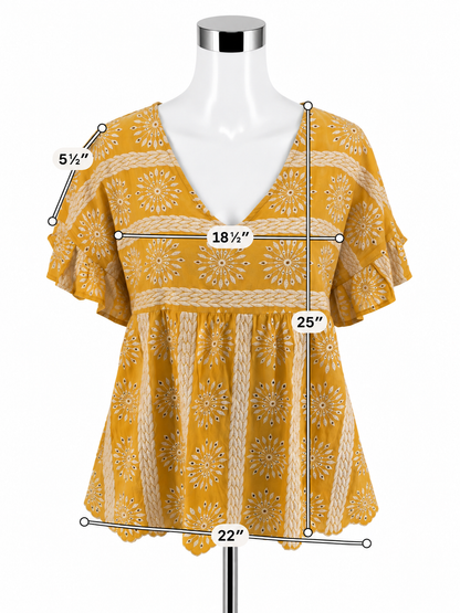 Entro Mustard Yellow Boho Eyelet Embroidered Flutter Sleeve Top Size Large - ONLINE ONLY