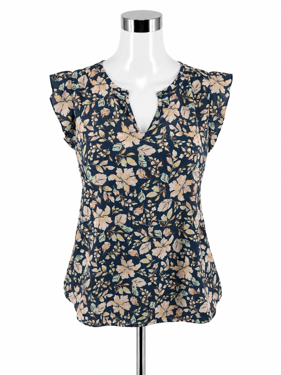 Pleione Floral Flutter Sleeve Blouse Navy &amp;amp; Blush Size XS - Downstairs