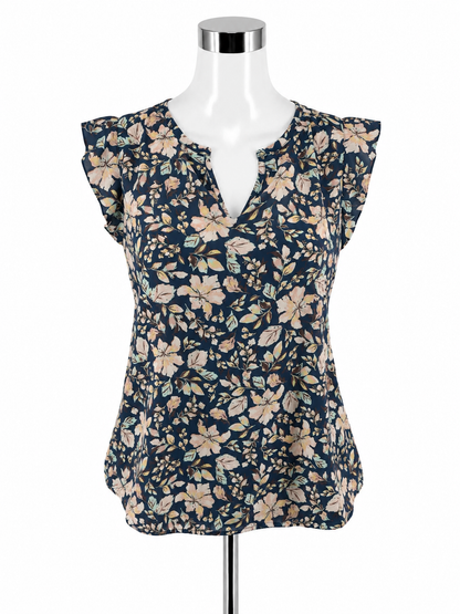 Pleione Floral Flutter Sleeve Blouse Navy &amp;amp; Blush Size XS - Downstairs