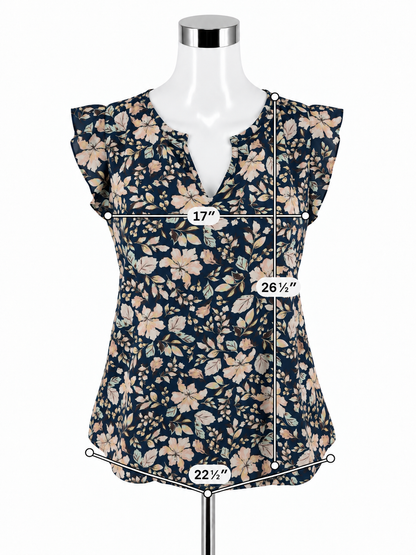 Pleione Floral Flutter Sleeve Blouse Navy &amp;amp; Blush Size XS - Downstairs