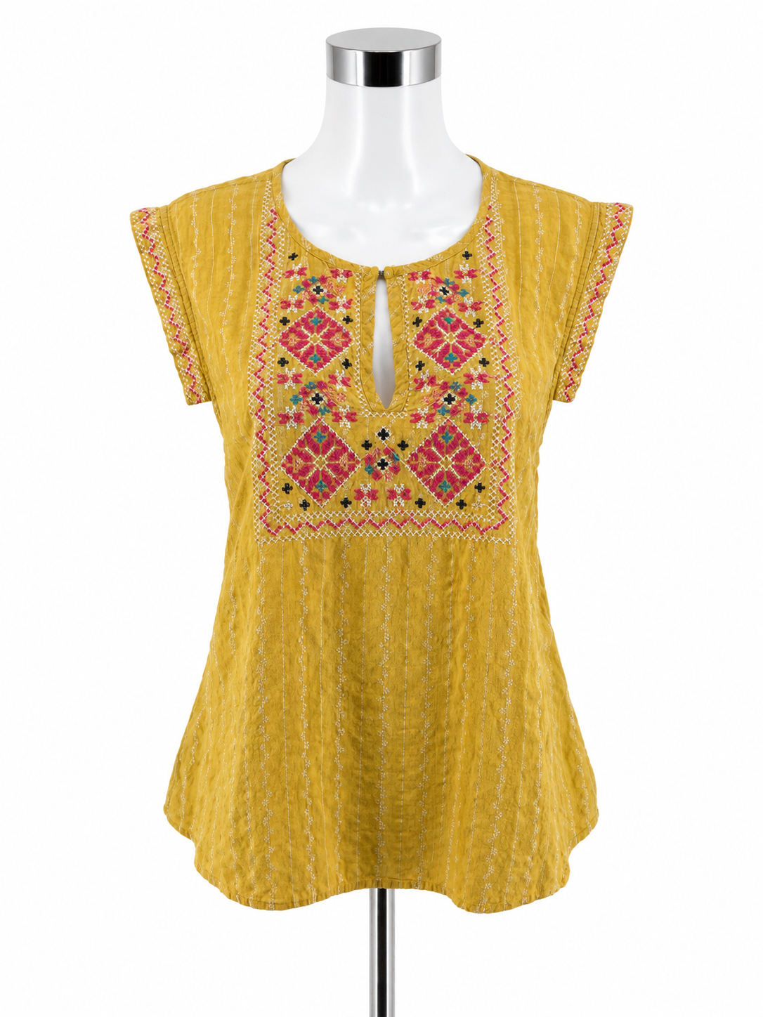 Anthropologie Dotted Stripe Embroidered Tunic Top Size Large Yellow Bohemian - ONLINE ONLY