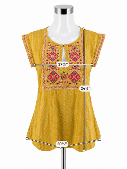 Anthropologie Dotted Stripe Embroidered Tunic Top Size Large Yellow Bohemian - ONLINE ONLY