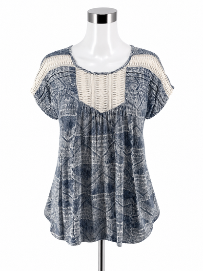 THML Blue &amp; White Crochet Yoke Abstract Print Top | Size Small - ONLINE ONLY
