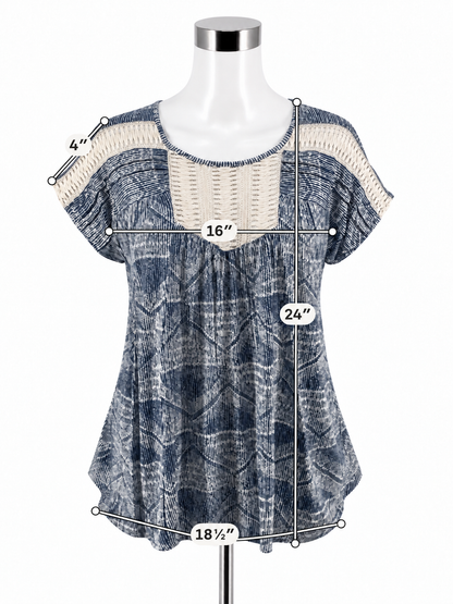 THML Blue &amp; White Crochet Yoke Abstract Print Top | Size Small - ONLINE ONLY