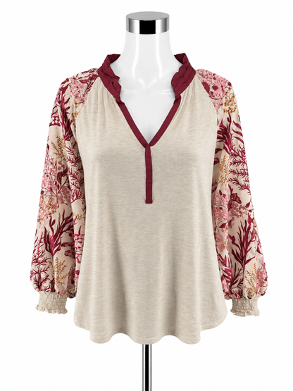 Tiny Anthropologie Embroidered Sleeve Boho Peasant Top Tan Maroon Size Large - ONLINE ONLY