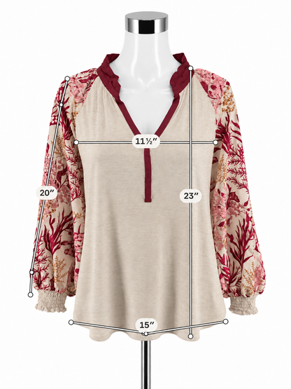 Tiny Anthropologie Embroidered Sleeve Boho Peasant Top Tan Maroon Size Large - ONLINE ONLY