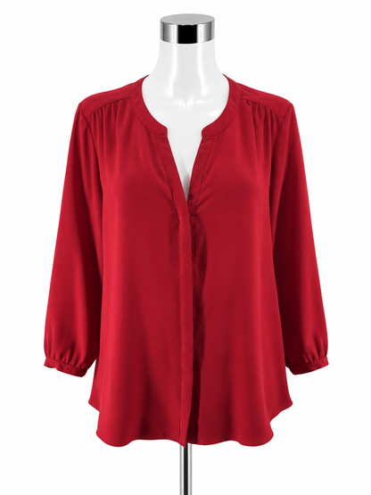 NYDJ Pleat Back Henley Blouse Red Roll Tab Sleeve Top Size Large - ONLINE ONLY
