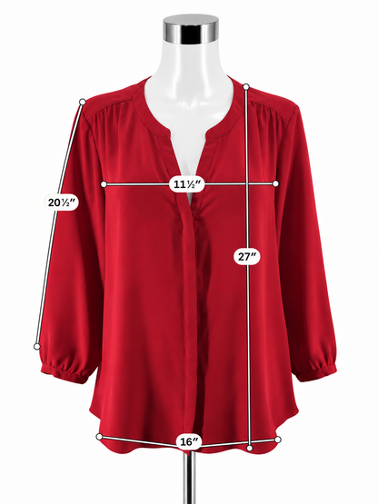 NYDJ Pleat Back Henley Blouse Red Roll Tab Sleeve Top Size Large - ONLINE ONLY