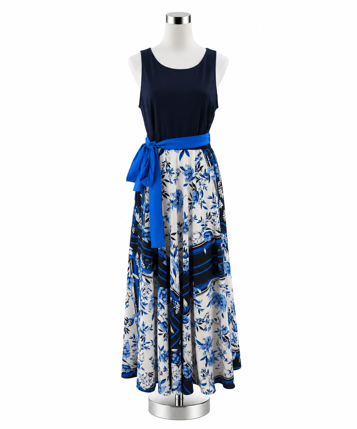 Eliza J Floral Stripe Colorblock Maxi Dress Navy White Size 14 - ONLINE ONLY