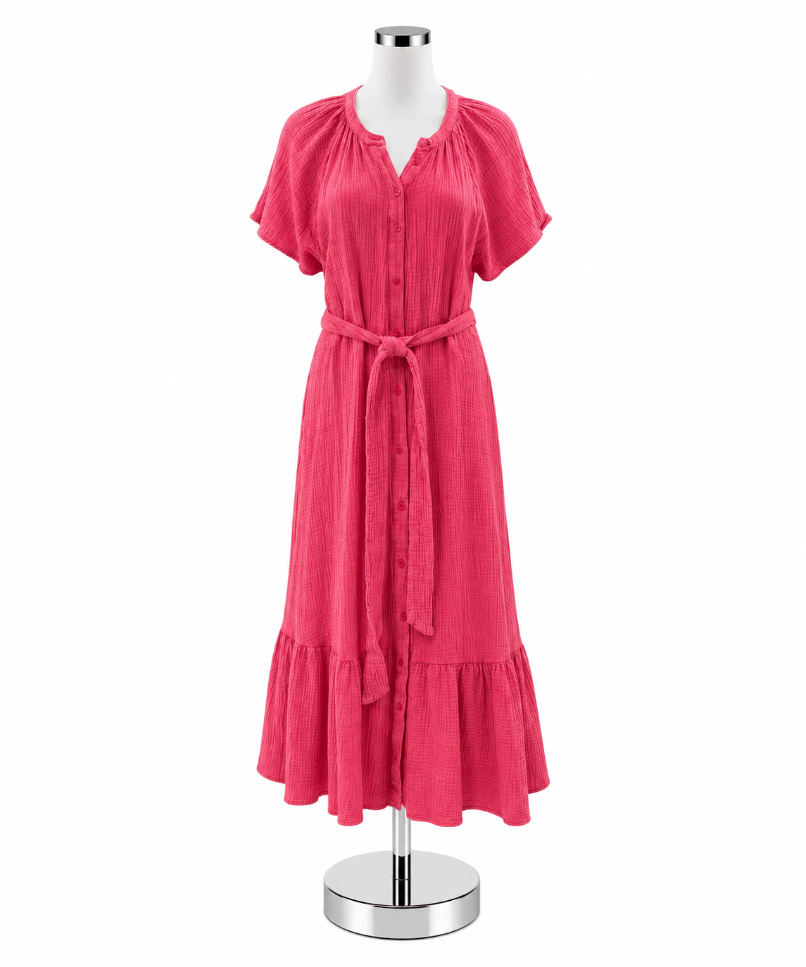 Umgee Pink Cotton Gauze Tiered Button-Front Boho Midi Dress Size Medium - ONLINE ONLY