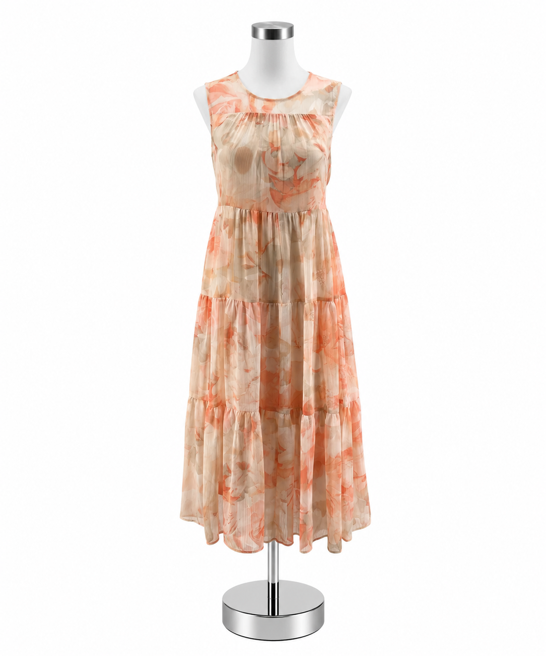 Calvin Klein Peach Floral Tiered Chiffon Midi Dress | Size 4 - ONLINE ONLY