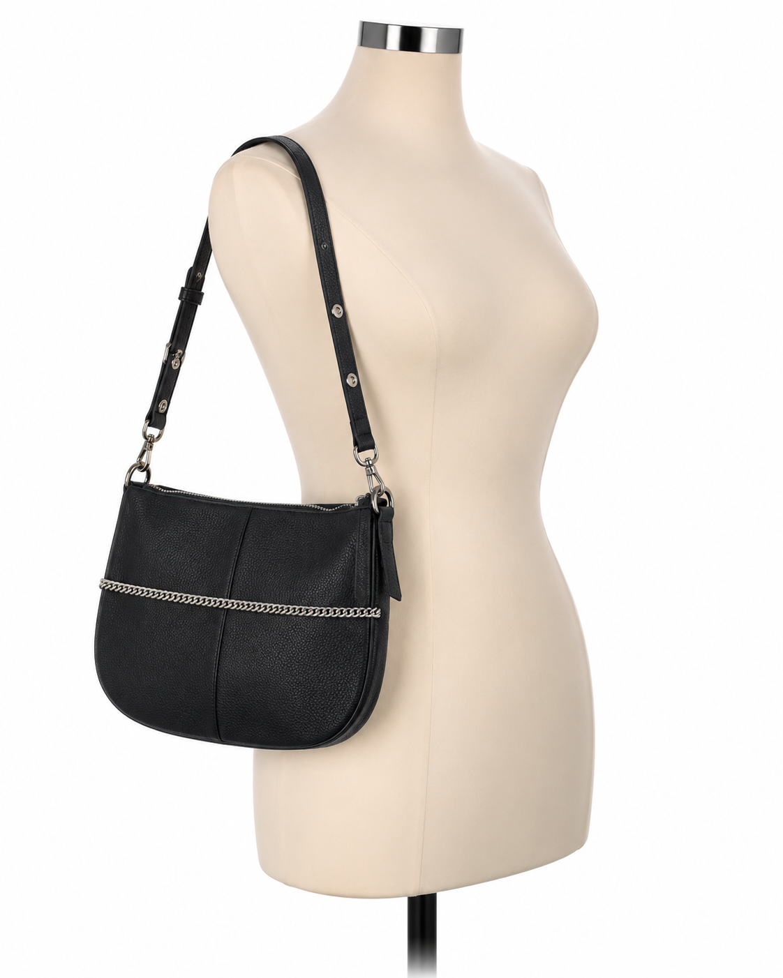 All Saints Kita Black Pebbled Leather Half Moon Crossbody Bag | Chain Detail