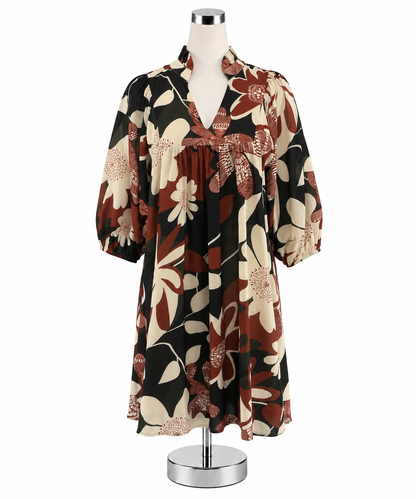 Umgee Rust Floral Boho Tunic Mini Dress 3/4 Sleeve Size Small - ONLINE ONLY