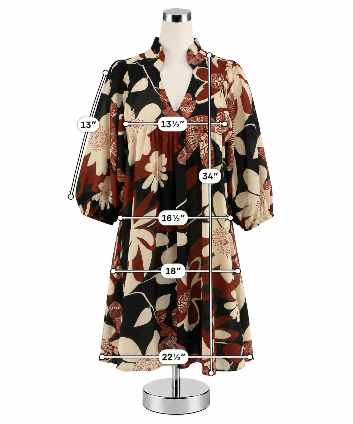 Umgee Rust Floral Boho Tunic Mini Dress 3/4 Sleeve Size Small - ONLINE ONLY