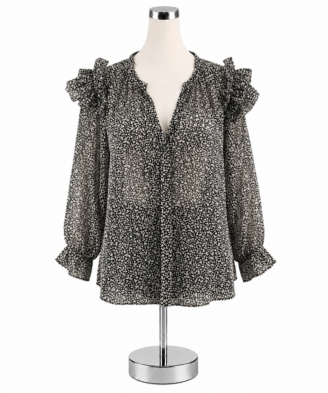 Grade &amp; Gather Floral Ruffle Sleeve Blouse Black White Top Size Small - ONLINE ONLY