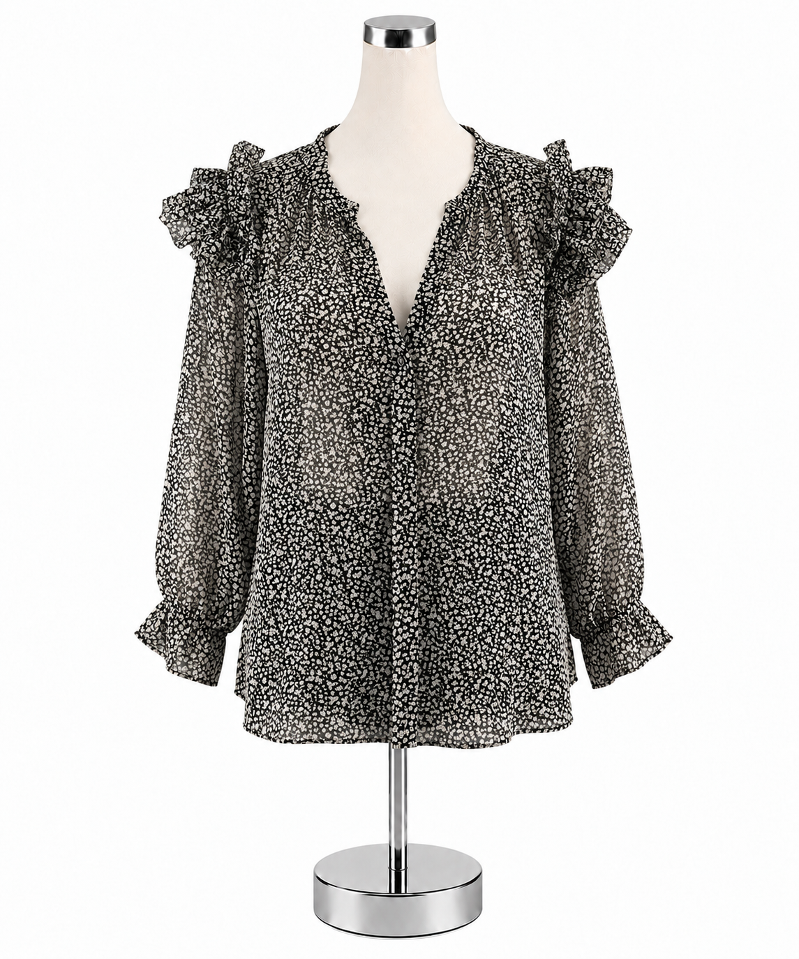 Grade &amp; Gather Floral Ruffle Sleeve Blouse Black White Top Size Small - ONLINE ONLY