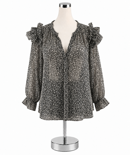 Grade &amp; Gather Floral Ruffle Sleeve Blouse Black White Top Size Small - ONLINE ONLY