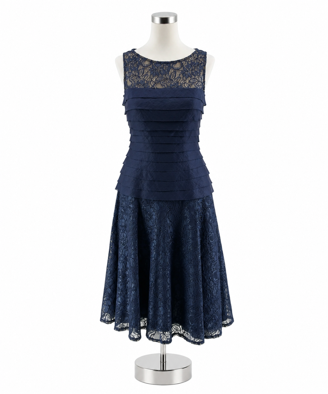 London Times Navy Blue Lace Tiered Illusion Yoke Cocktail Dress Size 4 - ONLINE ONLY