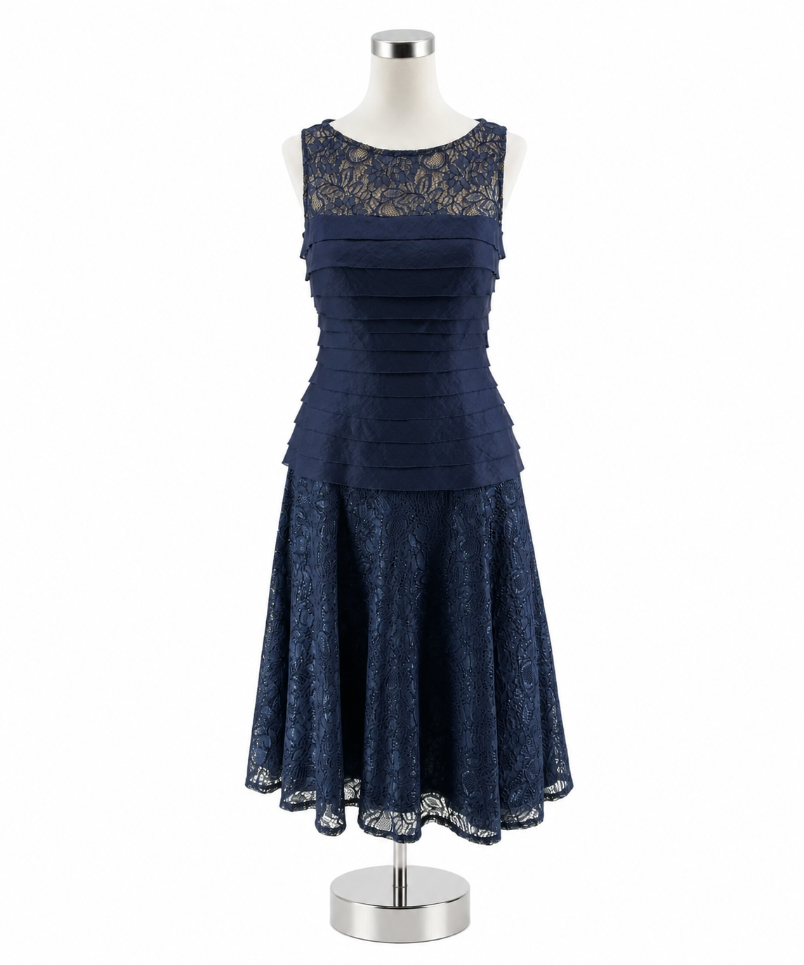 London Times Navy Blue Lace Tiered Illusion Yoke Cocktail Dress Size 4 - ONLINE ONLY