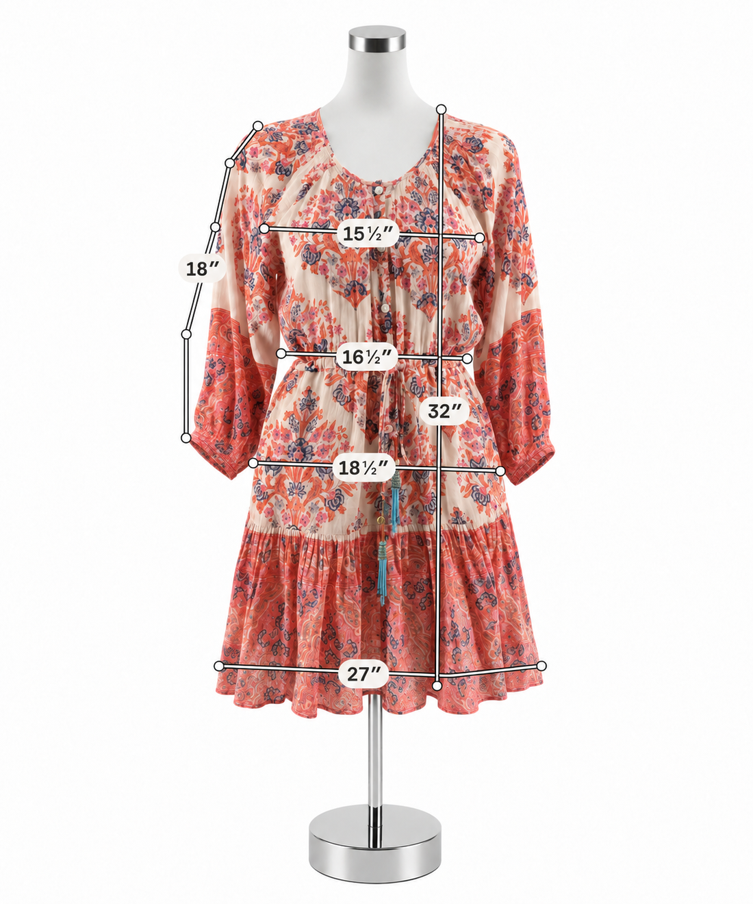 Bell Women’s Size Small White Orange Blue Floral 3/4 Sleeve Dress Pre-Owned- ONLINE ONLY