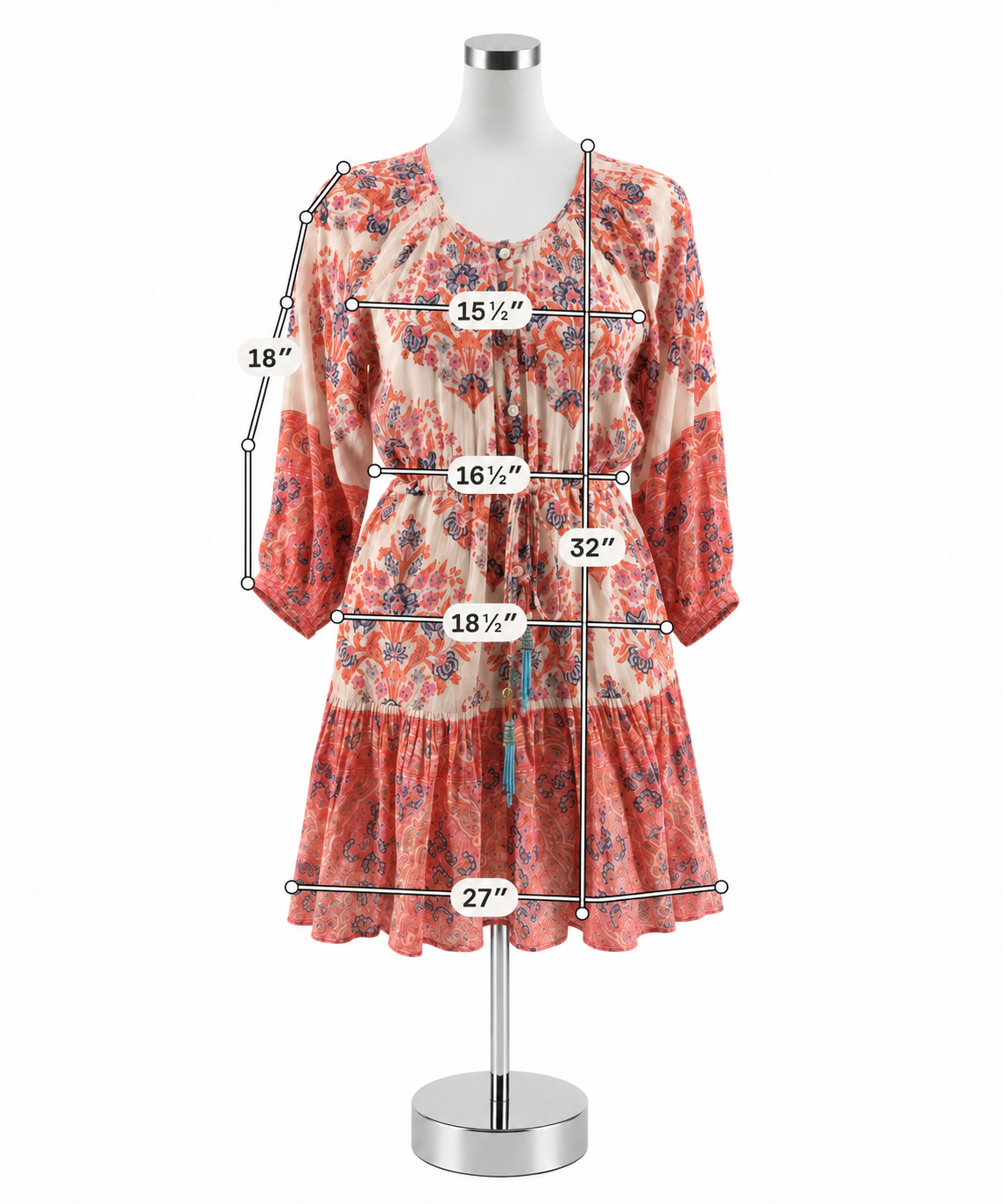 Bell Women’s Size Small White Orange Blue Floral 3/4 Sleeve Dress Pre-Owned- ONLINE ONLY