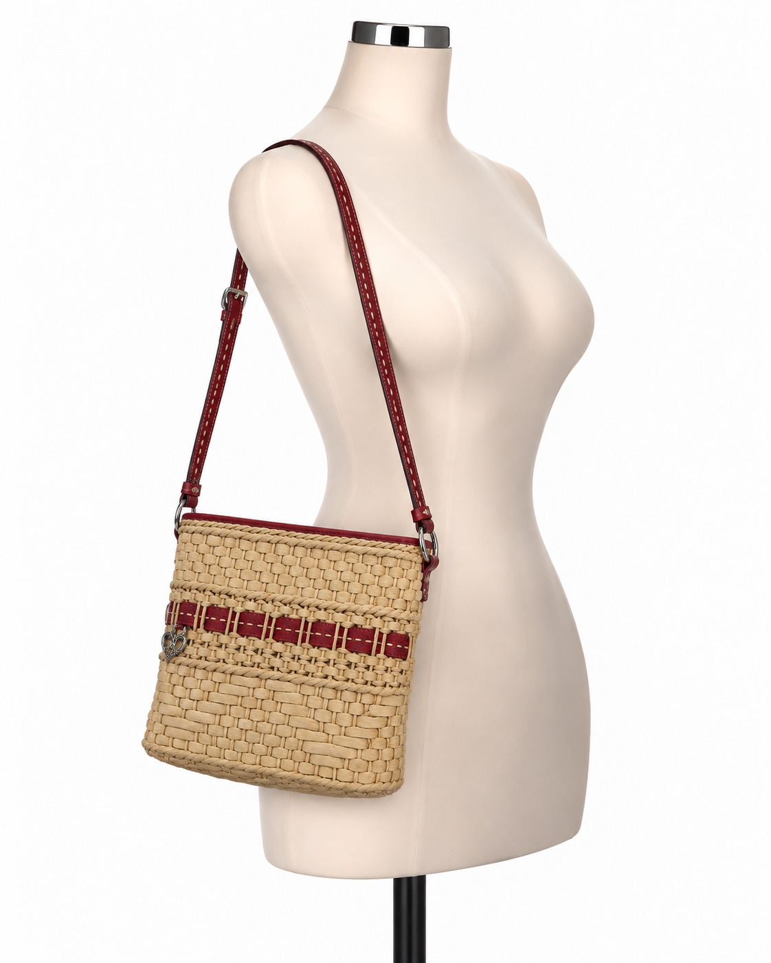 Brighton Woven Straw &amp;amp; Red Leather Crossbody Bag with Heart Charms | Pre-Owned