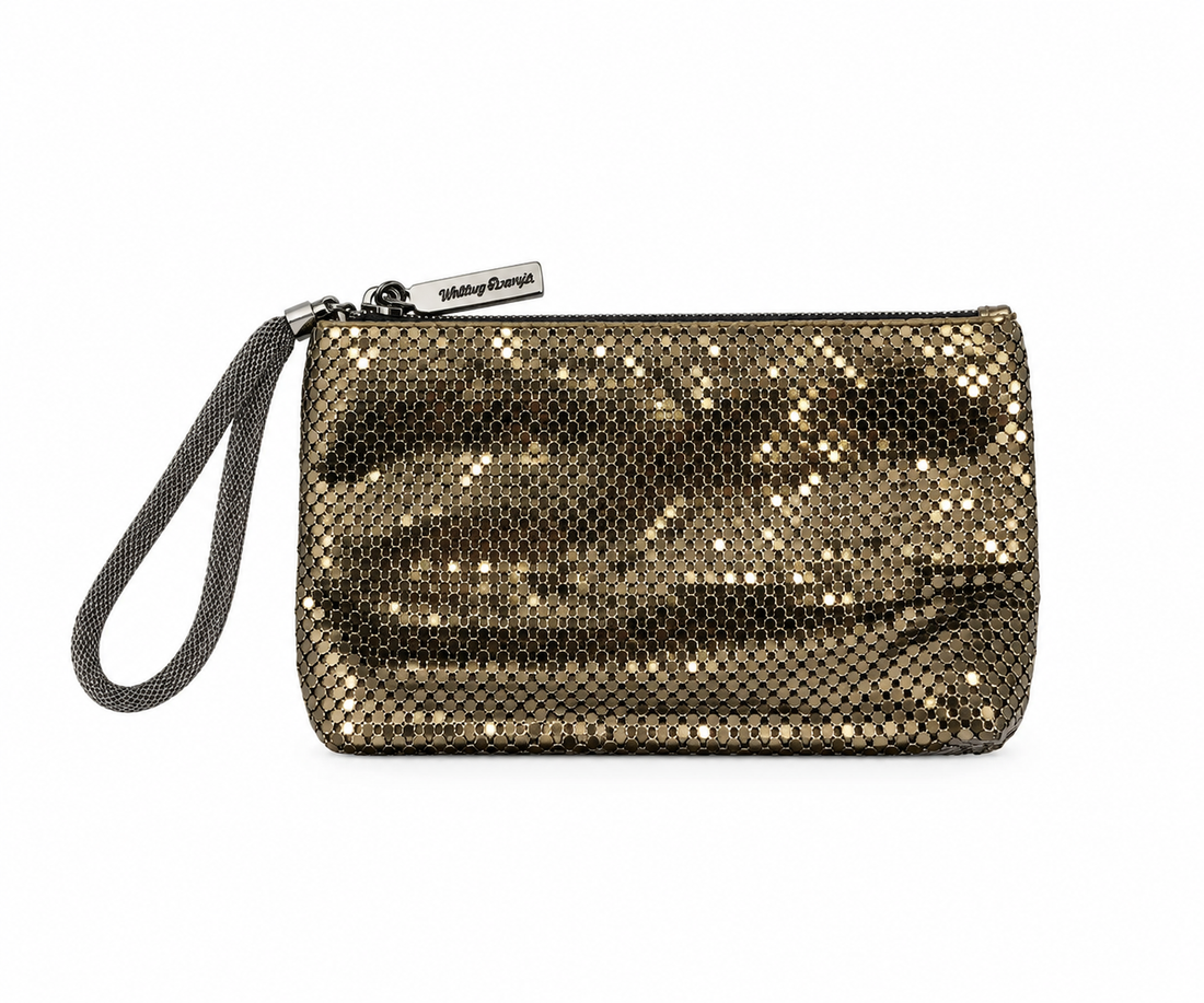 Whiting &amp; Davis for Younique Gold Sequin Metal Mesh Wristlet Clutch