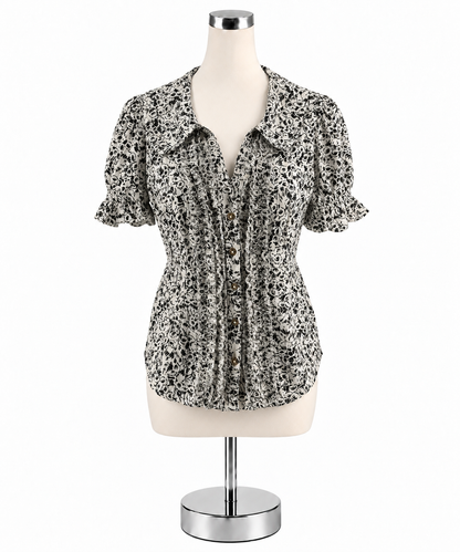 Pilcro Ruffled Floral Peplum Blouse Cream Black Print Cotton Top Size Small - ONLINE ONLY