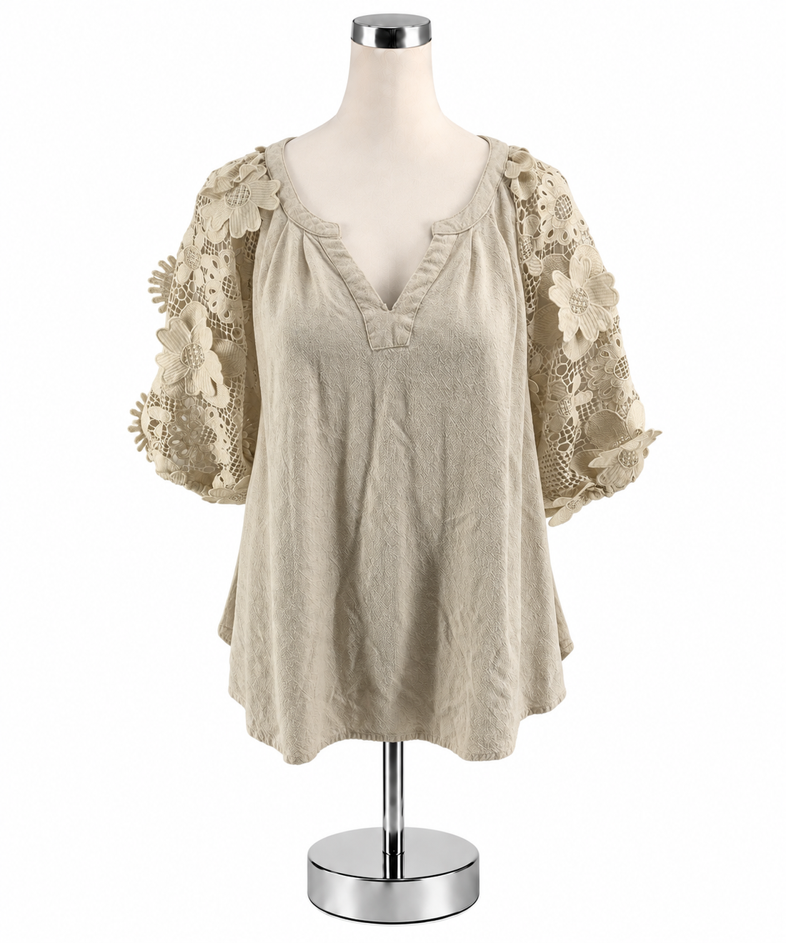 Umgee Tan Linen Cotton Boho Top with Lace Floral Sleeves Size Medium - ONLINE ONLY