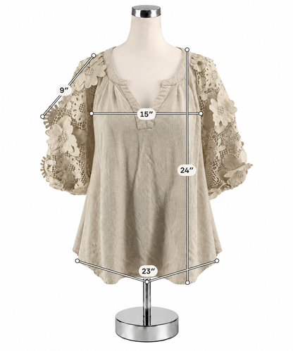 Umgee Tan Linen Cotton Boho Top with Lace Floral Sleeves Size Medium - ONLINE ONLY
