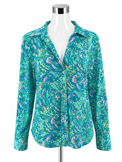 Lilly Pulitzer Sea View Button Down Shirt Multi Sink Or Swim Floral Print Size Large - ONLINE ONLY