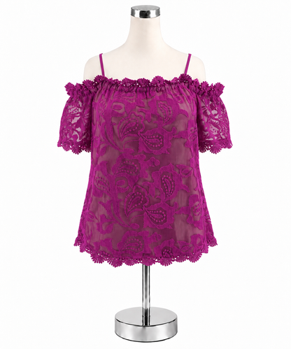 Skies Are Blue Fuchsia Lace Cold Shoulder Blouse Top Size Medium - Downstairs