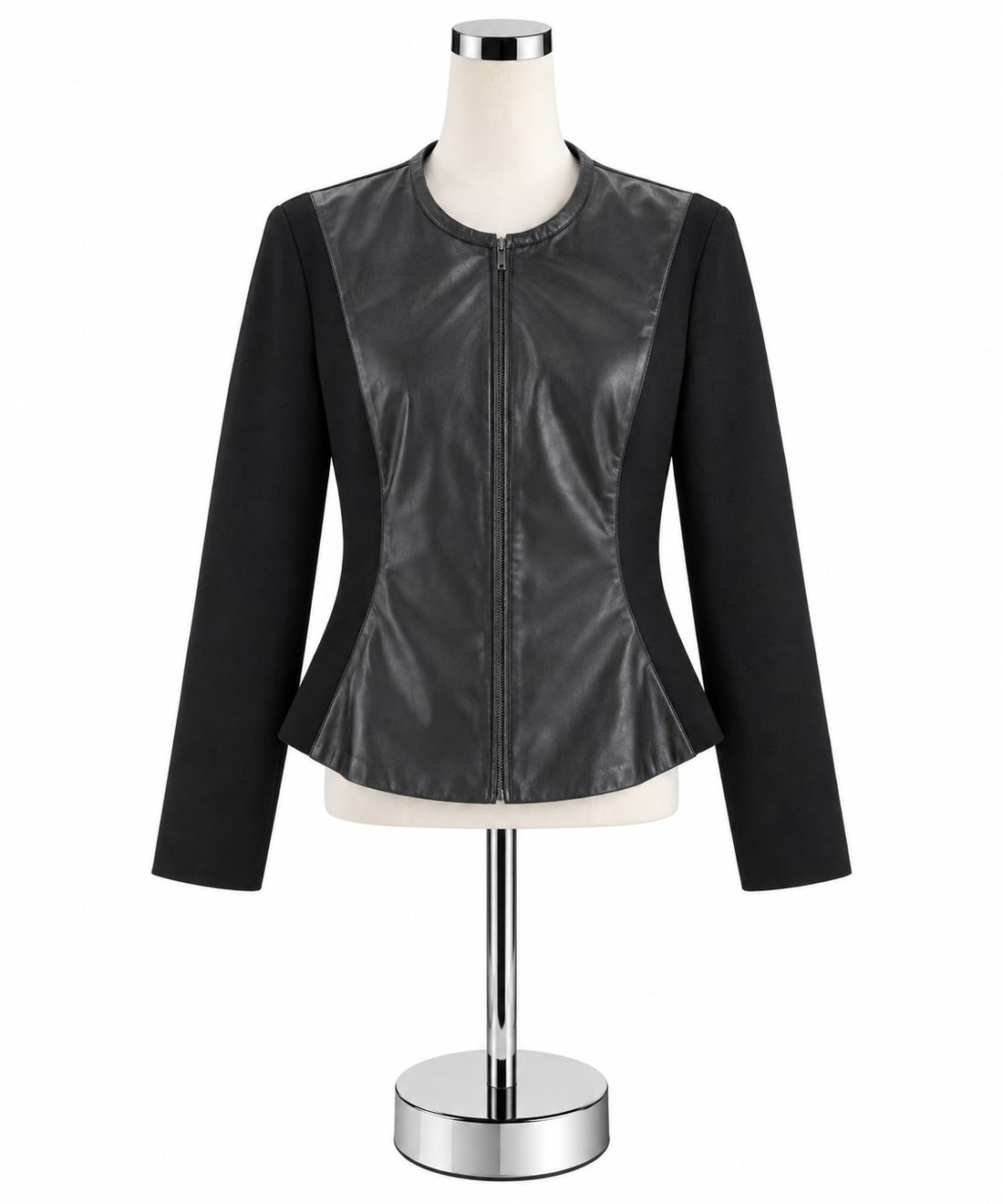 Doncaster Collection Black Leather &amp; Knit Peplum Moto Jacket | Size 14
