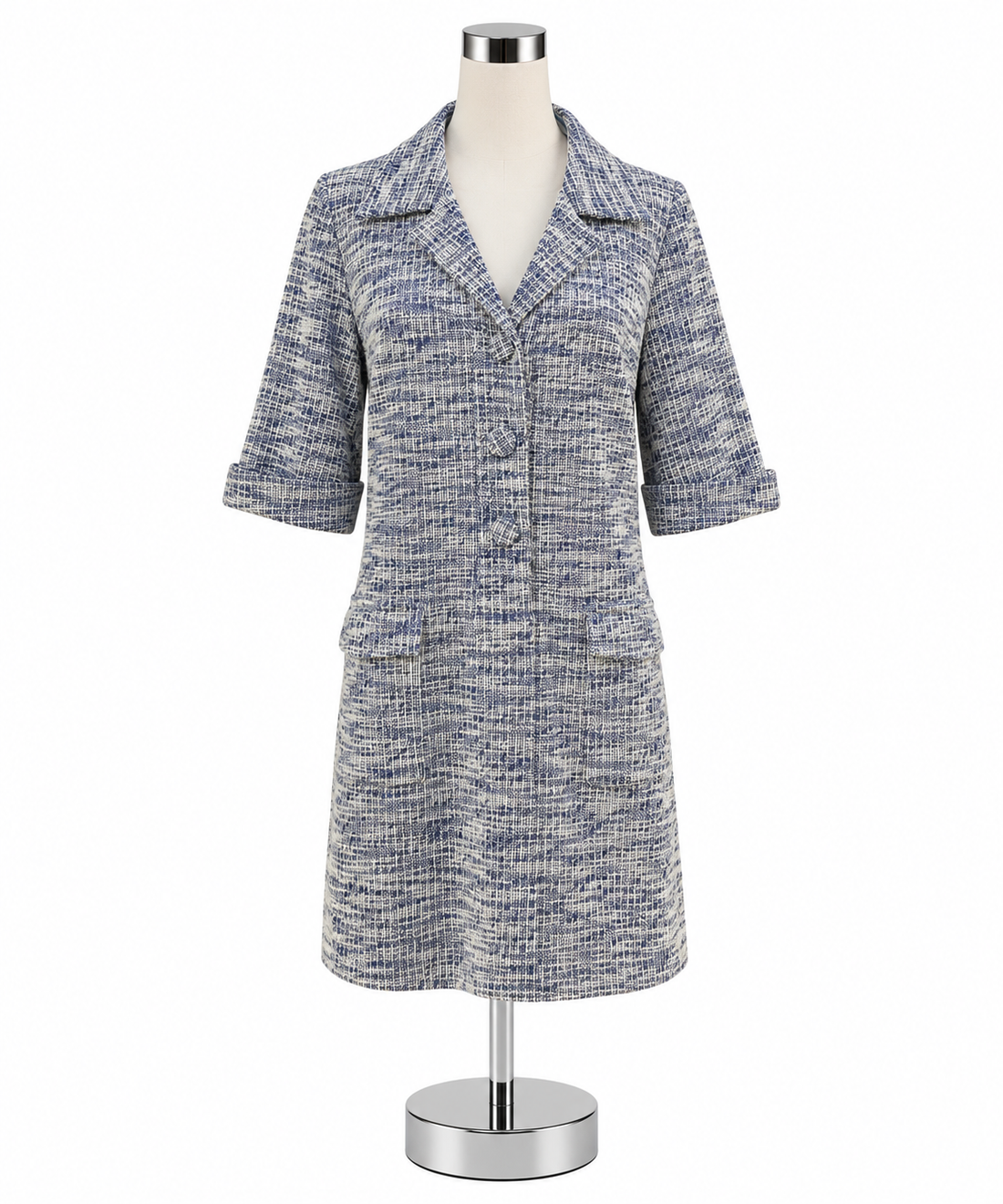 Pomander Place Jackie Tweed Dress Blue White Boucle Short Sleeve Shift Medium