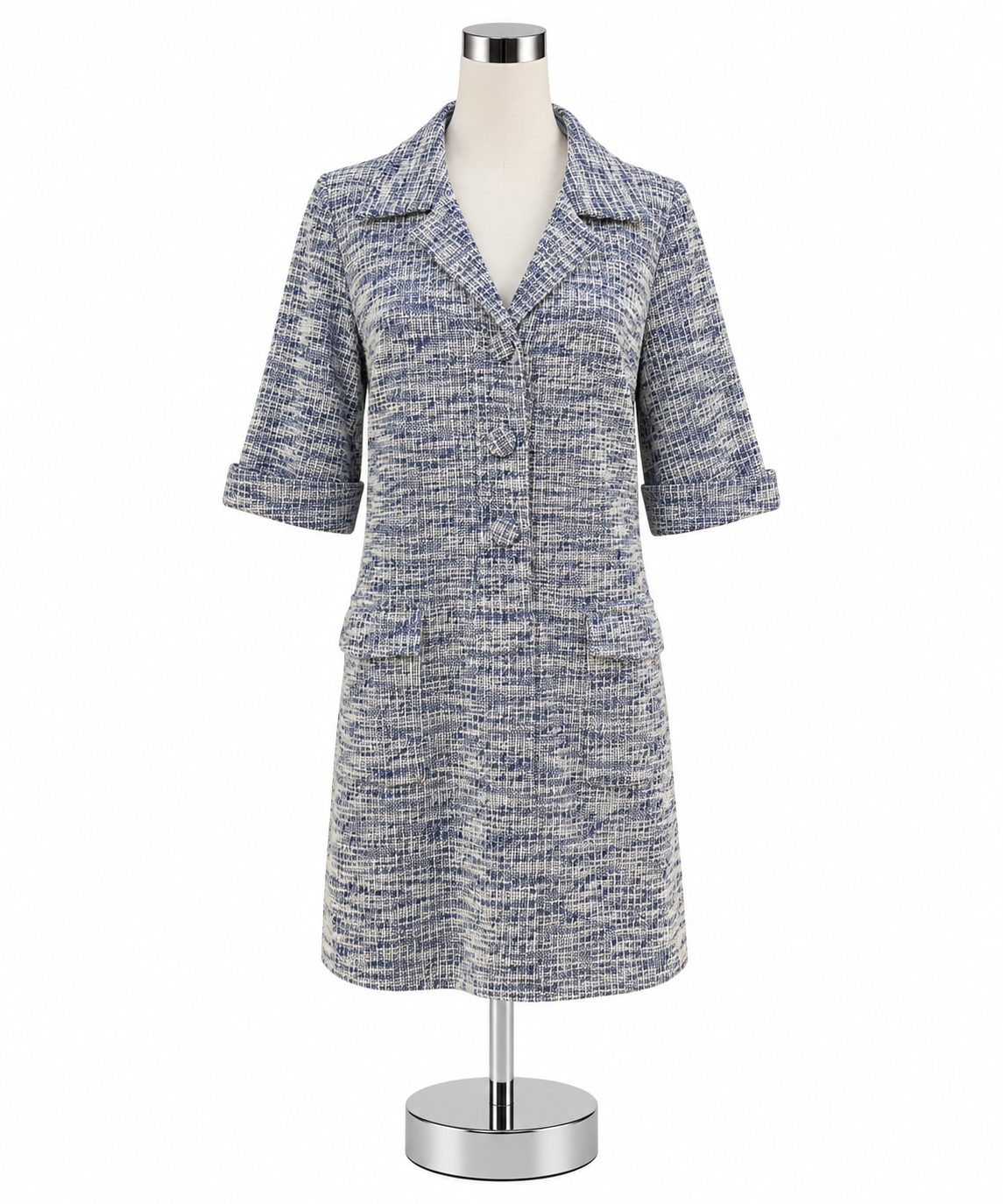 Pomander Place Jackie Tweed Dress Blue White Boucle Short Sleeve Shift Medium