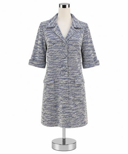 Pomander Place Jackie Tweed Dress Blue White Boucle Short Sleeve Shift Medium