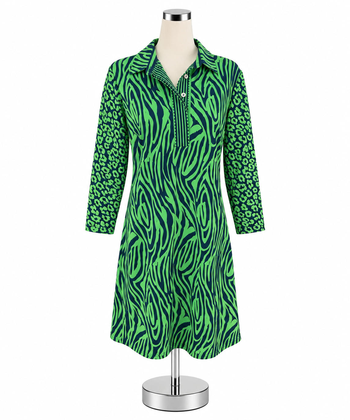 Gretchen Scott Ruffneck Zebra &amp; Dot Print Shift Dress Green Blue Size Medium