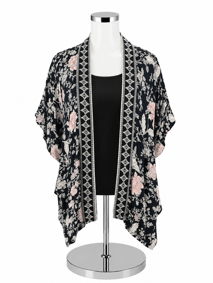 LOFT Floral Kimono Shrug Open Front Cardigan Navy Pink XS/S