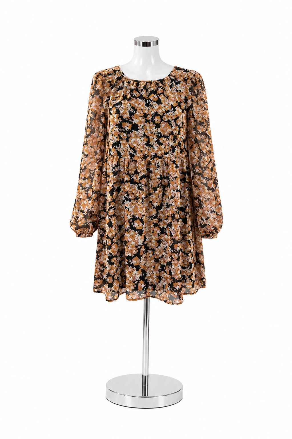 Sanctuary Floral Long Sleeve V-Neck Mini Dress Black Burnt Orange Pink Size S NWT